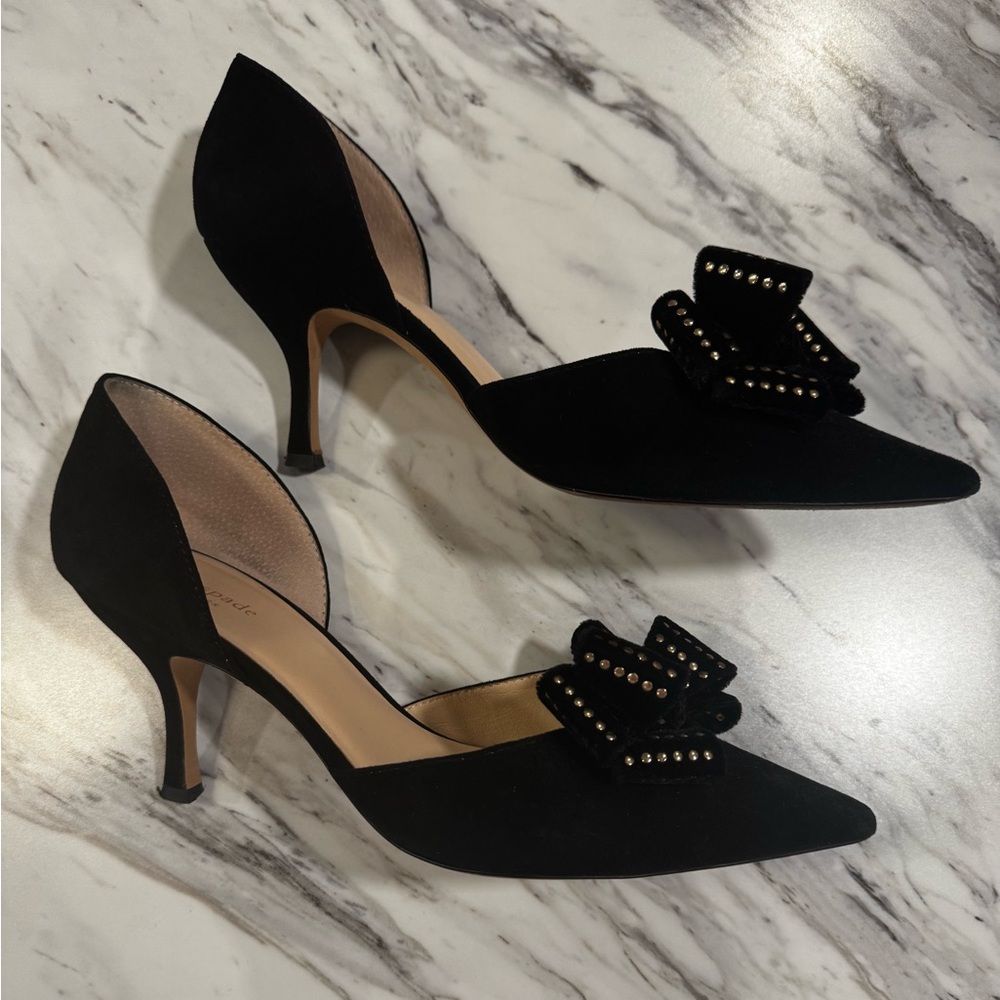 Black Suede Kate Spade Gold Studded Bow Pointed-Toe Pumps size 10 - Picture 10 of 10
